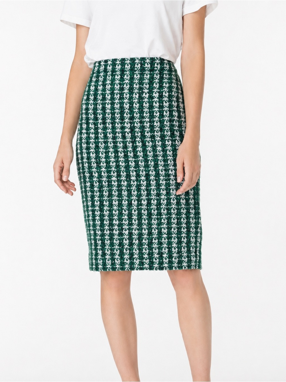 J. Crew Green and White Houndstooth Pencil Skirt